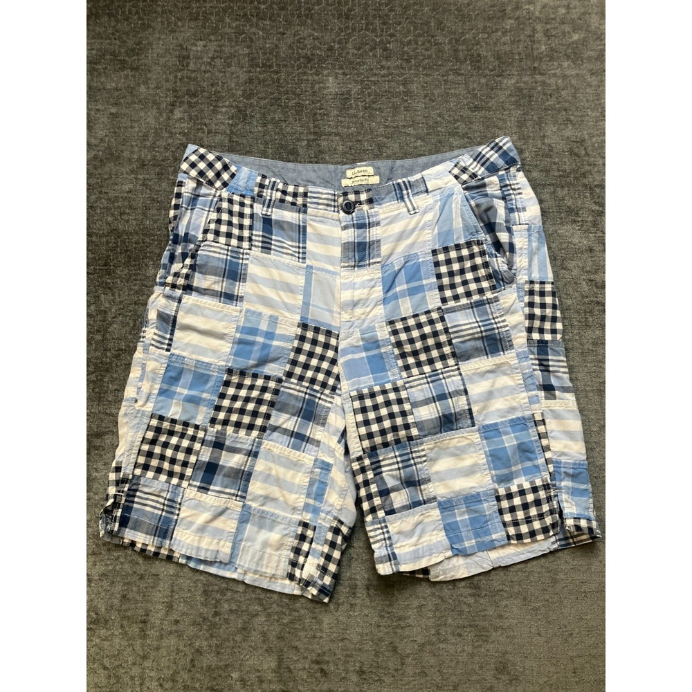L.L. Bean Bermuda Shorts Womens 14 Blue Plaid Patchwork Favorite Fit Mid Rise